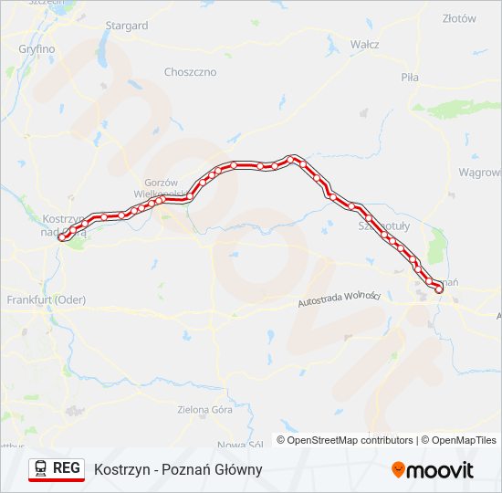 Mapa linii kolej REG