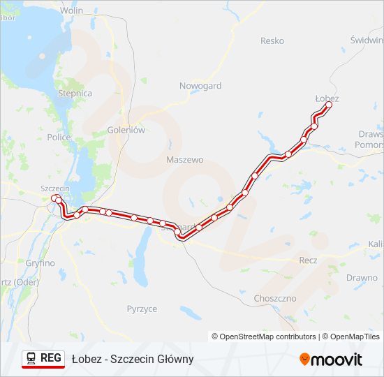 Mapa linii kolej REG