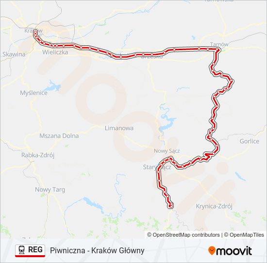 Mapa linii kolej REG