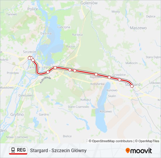 Mapa linii kolej REG