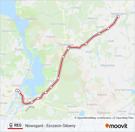 Mapa linii kolej REG