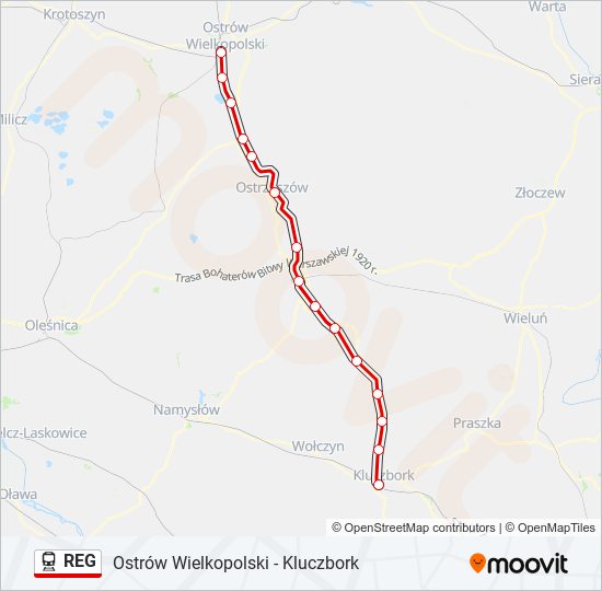 Mapa linii kolej REG