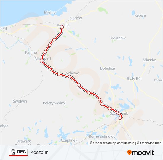 Mapa linii kolej REG