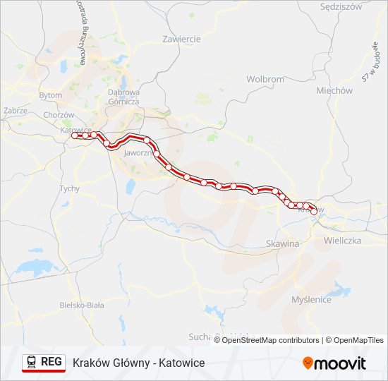 Mapa linii kolej REG