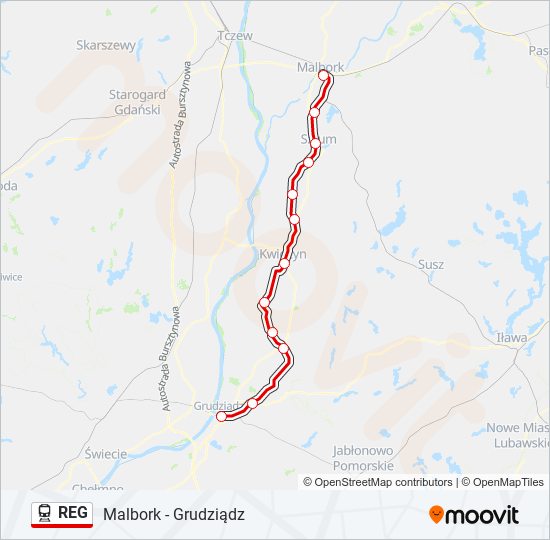 Mapa linii kolej REG