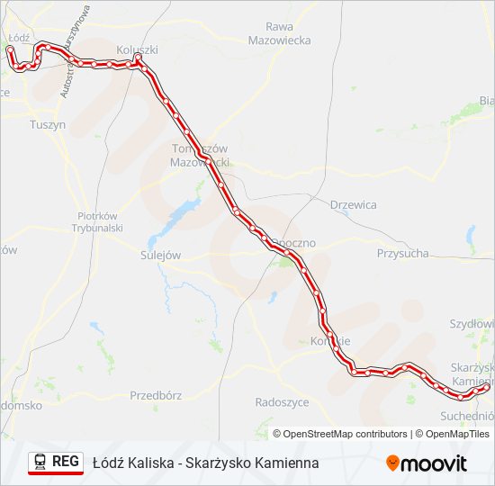 Mapa linii kolej REG