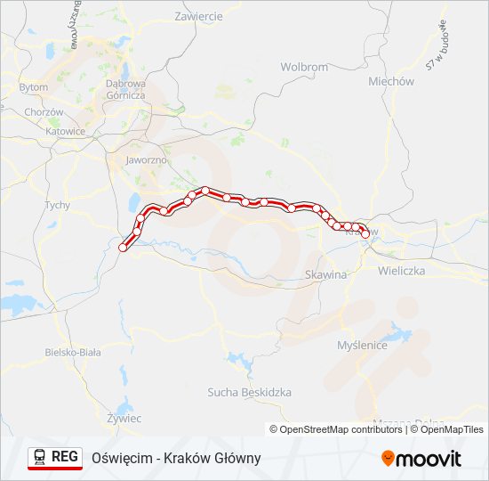 Mapa linii kolej REG