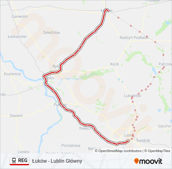 Mapa linii kolej REG