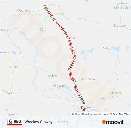 Mapa linii kolej REG