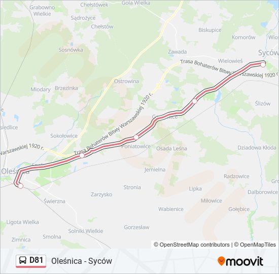 Mapa linii autobus D81