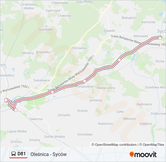 Mapa linii autobus D81