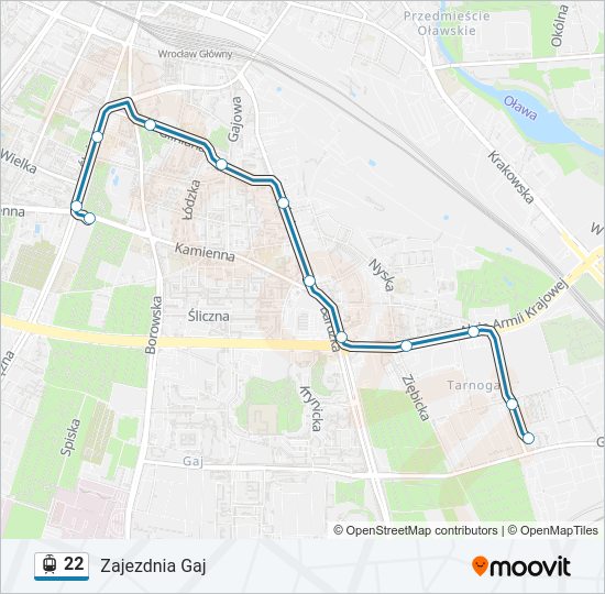 Mapa linii tramwaj 22