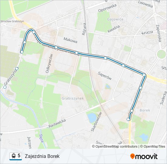 Mapa linii tramwaj 5