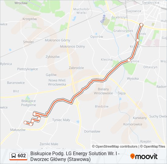 Mapa linii autobus 602