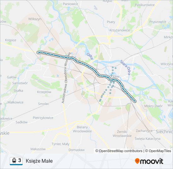 Mapa linii tramwaj 3