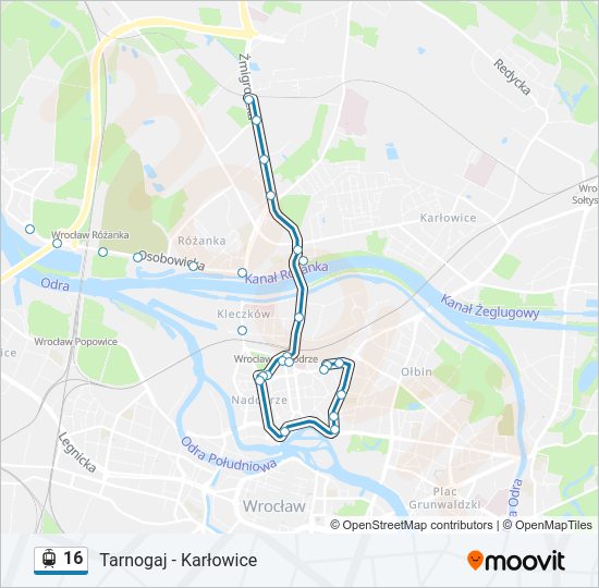 Mapa linii tramwaj 16