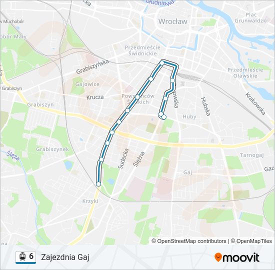 Mapa linii tramwaj 6