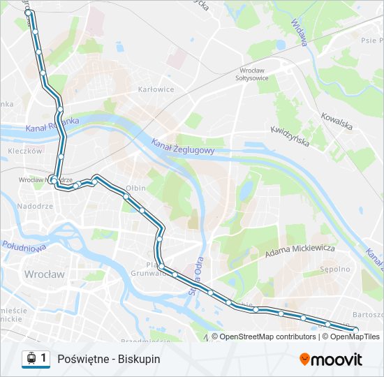 Mapa linii tramwaj 1