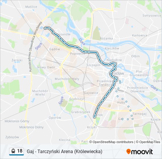 Mapa linii tramwaj 18