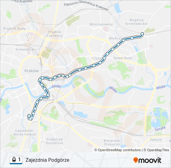 Mapa linii tramwaj 1