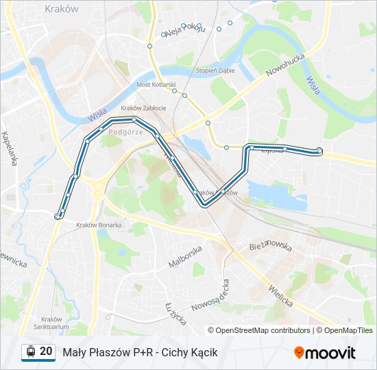 Mapa linii tramwaj 20