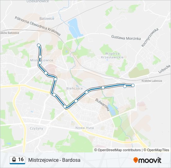 Mapa linii tramwaj 16