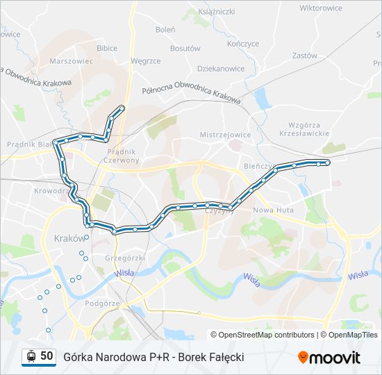 Mapa linii tramwaj 50