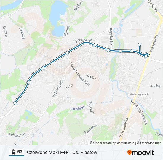 Mapa linii tramwaj 52