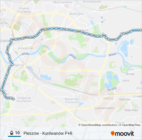 Mapa linii tramwaj 10