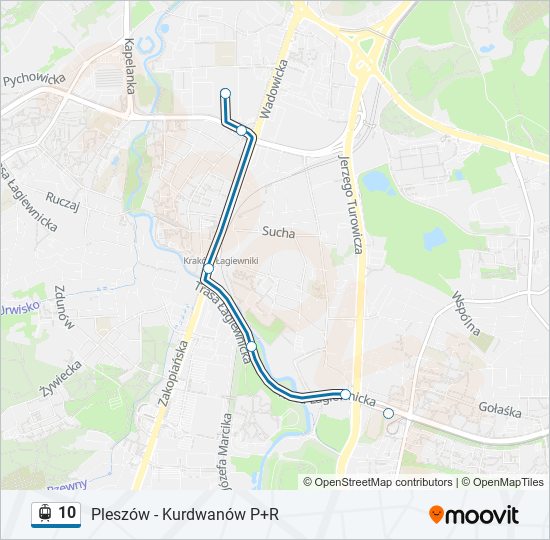 Mapa linii tramwaj 10