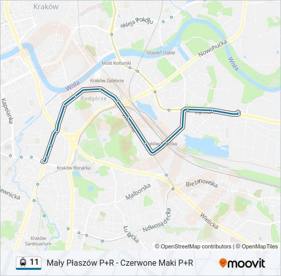 Mapa linii tramwaj 11