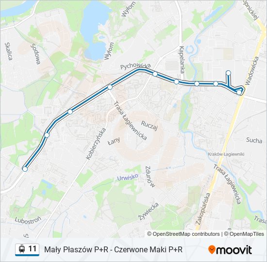 Mapa linii tramwaj 11