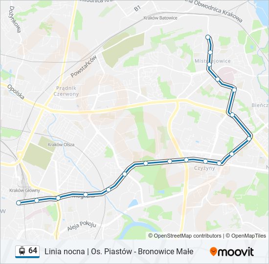 Mapa linii tramwaj 64