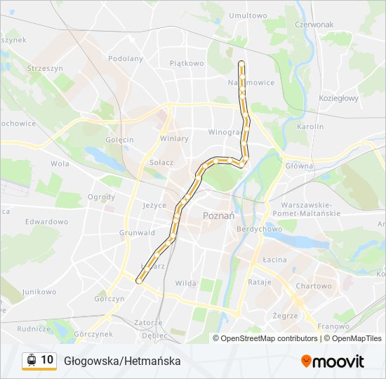 Mapa linii tramwaj 10