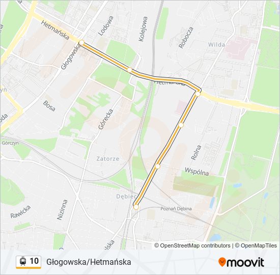 Mapa linii tramwaj 10