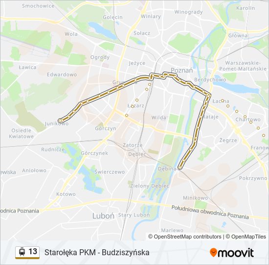 Mapa linii tramwaj 13