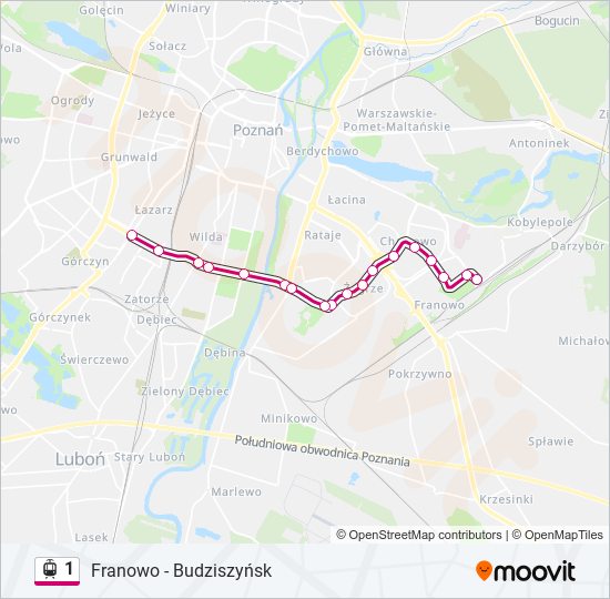 Mapa linii tramwaj 1