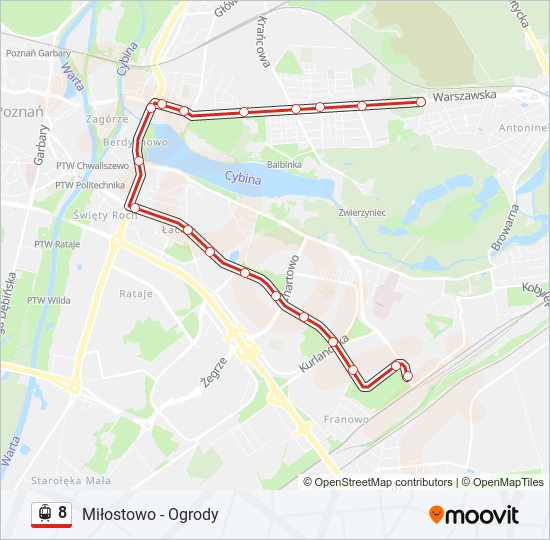 Mapa linii tramwaj 8