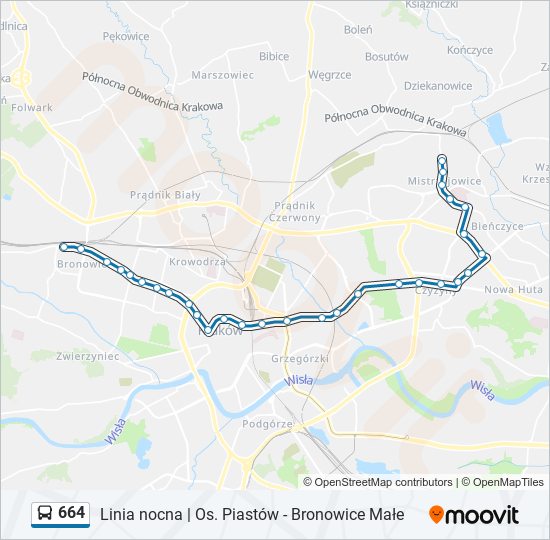 Mapa linii autobus 664