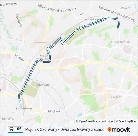 Mapa linii autobus 105