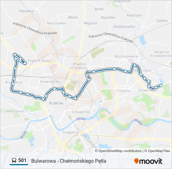 Mapa linii autobus 501