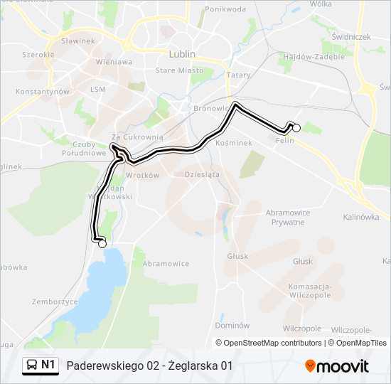 Mapa linii autobus N1