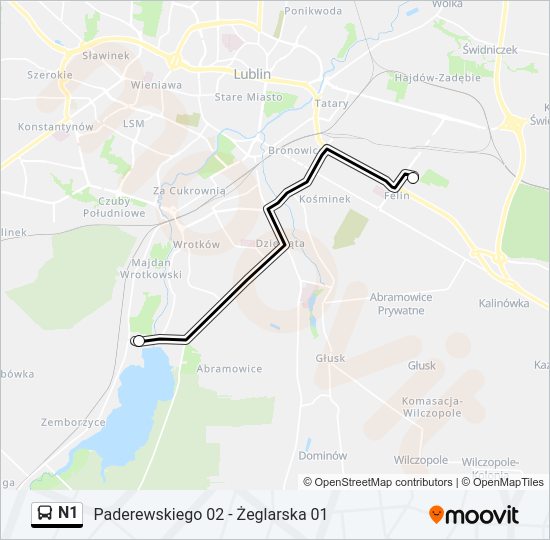 Mapa linii autobus N1