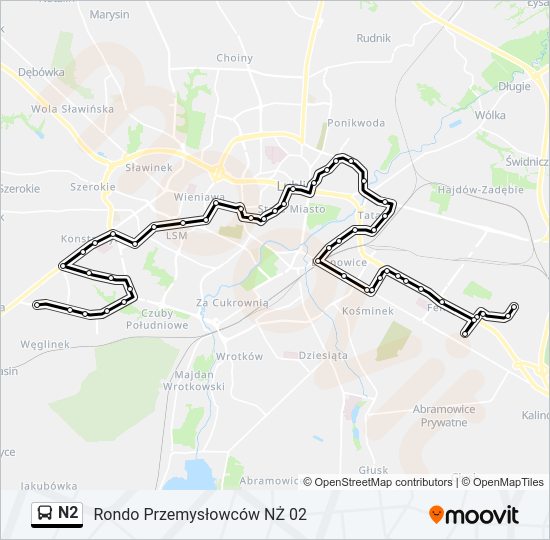 Mapa linii autobus N2