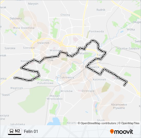 Mapa linii autobus N2