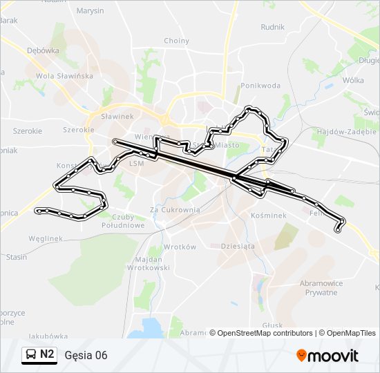 Mapa linii autobus N2