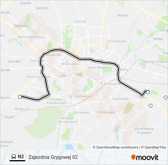 Mapa linii autobus N2