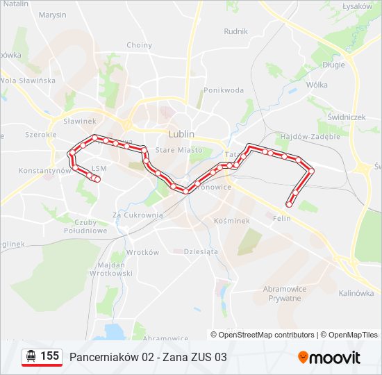 Mapa linii tramwaj linowy 155