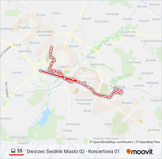 Mapa linii autobus 55