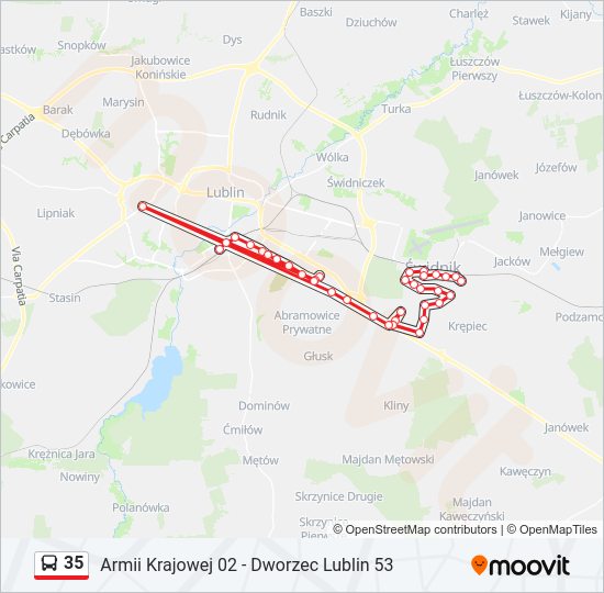 Mapa linii autobus 35